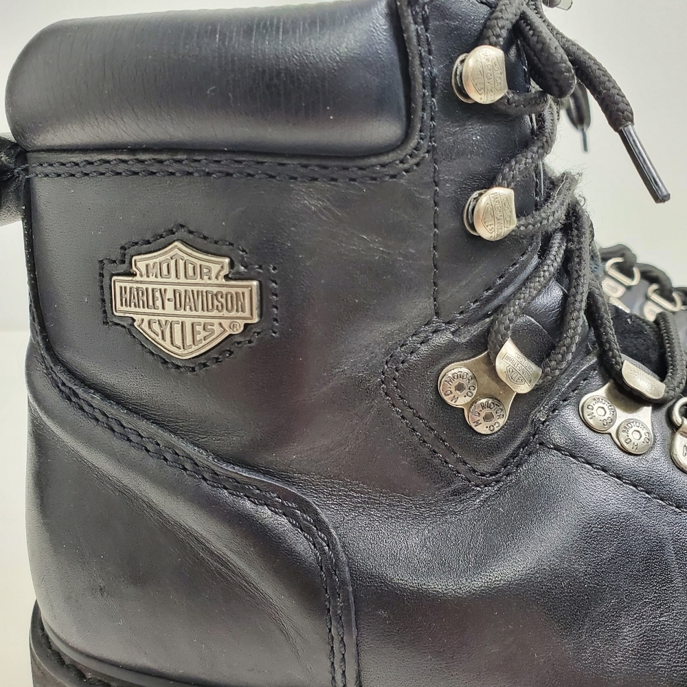 Harley Davidson Classic Black Leather Metal Logo Lace Up Motorcycle Boots - Picture 7 of 9